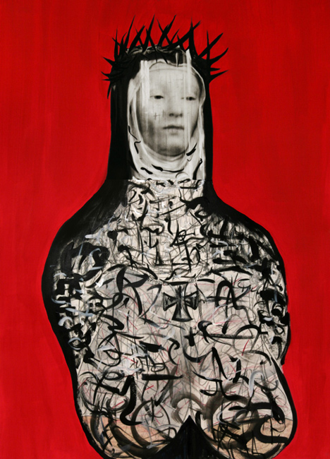 Red collage on with nun